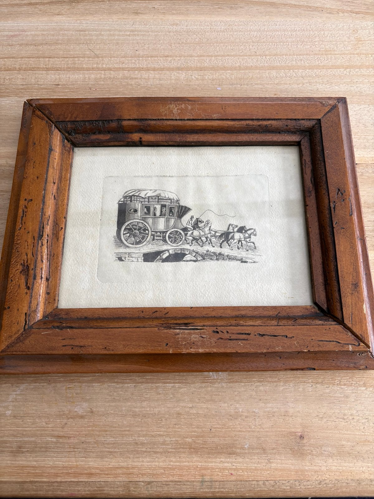 Antieke Gravure: Koets met Paarden over Brug, Ophalen of Verzenden, Gravure, 30 cm, Ingelijst