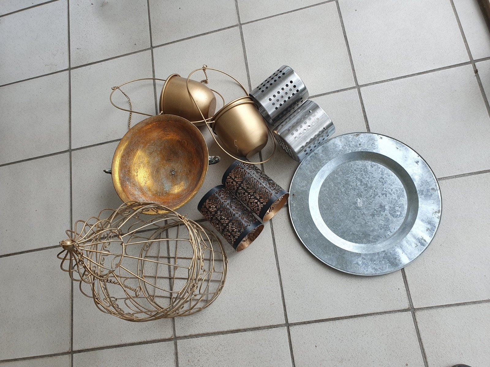 Antieke gouden fruitschaal kooi bloempotten kaarsenhouders., Ophalen