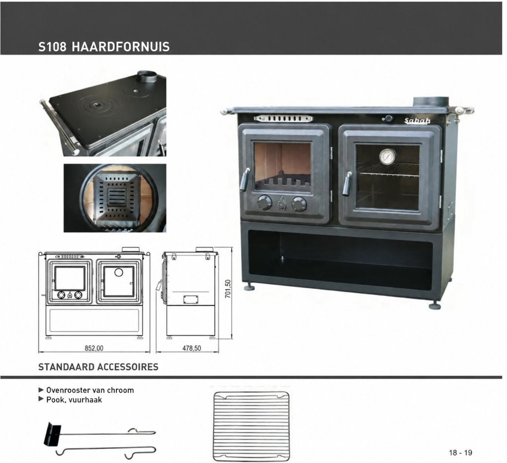 S108 Sabah Houtkachel - Met Thermometer – Gietijzer - 10 KW, Ophalen, Vrijstaand, Hout, Nieuw