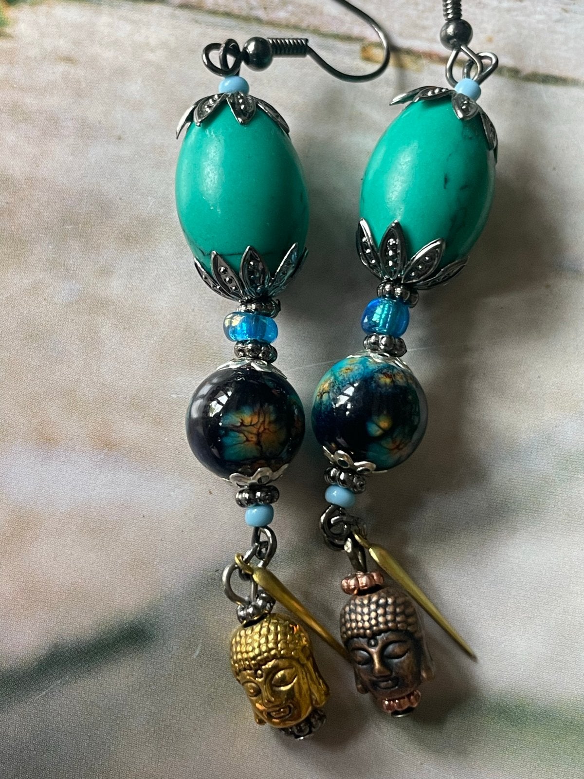 Oorbellen met Boeddha-hoofden en turquoise kralen, Overige materialen, Hangers, Blauw, Nieuw