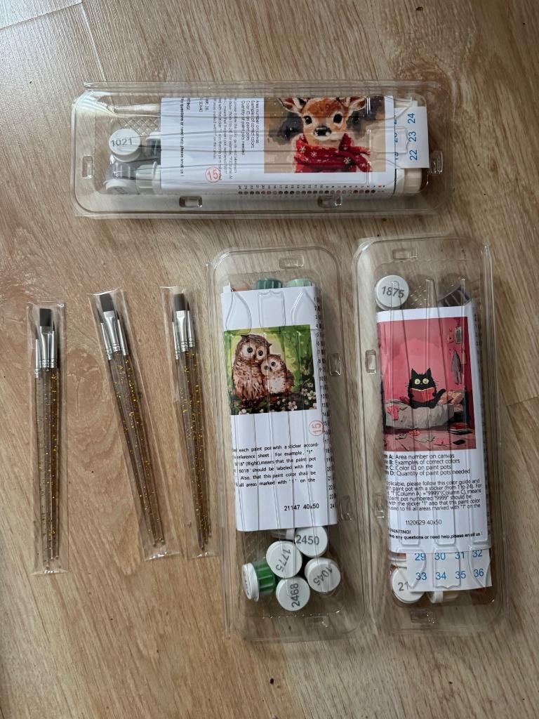 3 stuks - Schilderen op Nummer - Hert en Kat en Uilen, Ophalen, Nieuw, Schilderen op nummer