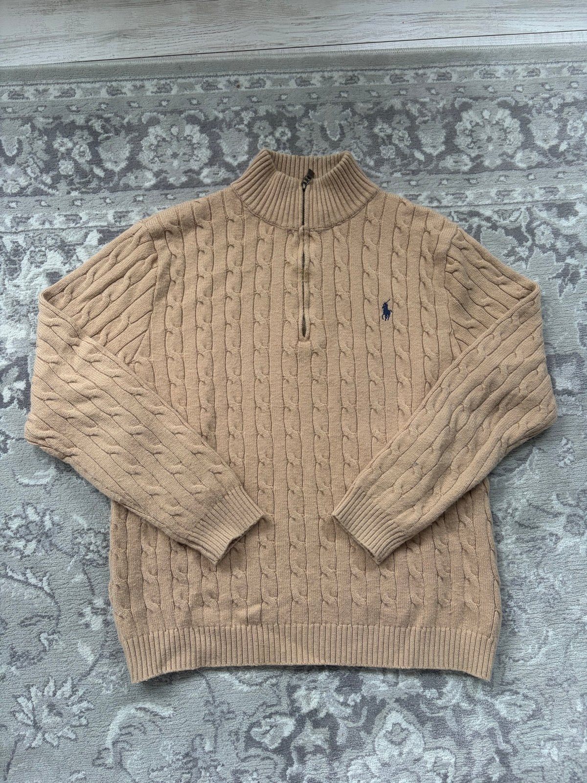 Polo Ralph Lauren kabelgebreide trui met rits, maat L, Kleding | Heren, Verzenden, Zo goed als nieuw, Maat 52/54 (L), Beige