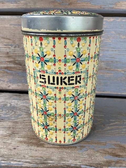 blik SUIKER + schep zgn kraaltjes/mozaiek blik jaren 50/60, Ophalen of Verzenden, Gebruikt, Suiker