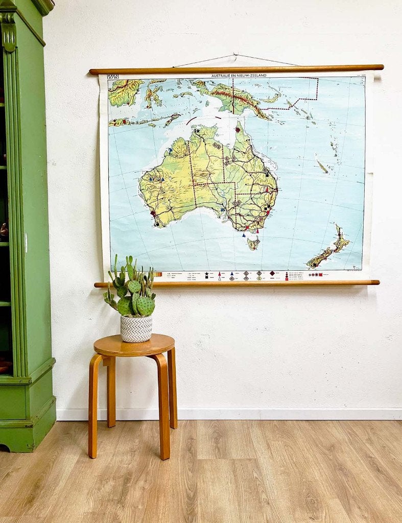 Vintage aardrijkskunde schoolplaat Australië / Nieuw-Zeeland, Ophalen of Verzenden, Aardrijkskunde
