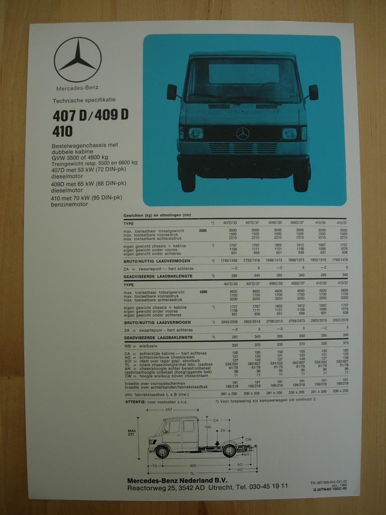Mercedes 407 409 410 Specificatie Brochure 1984 407D, Zo goed als nieuw, Mercedes-Benz, Mercedes, Ophalen of Verzenden