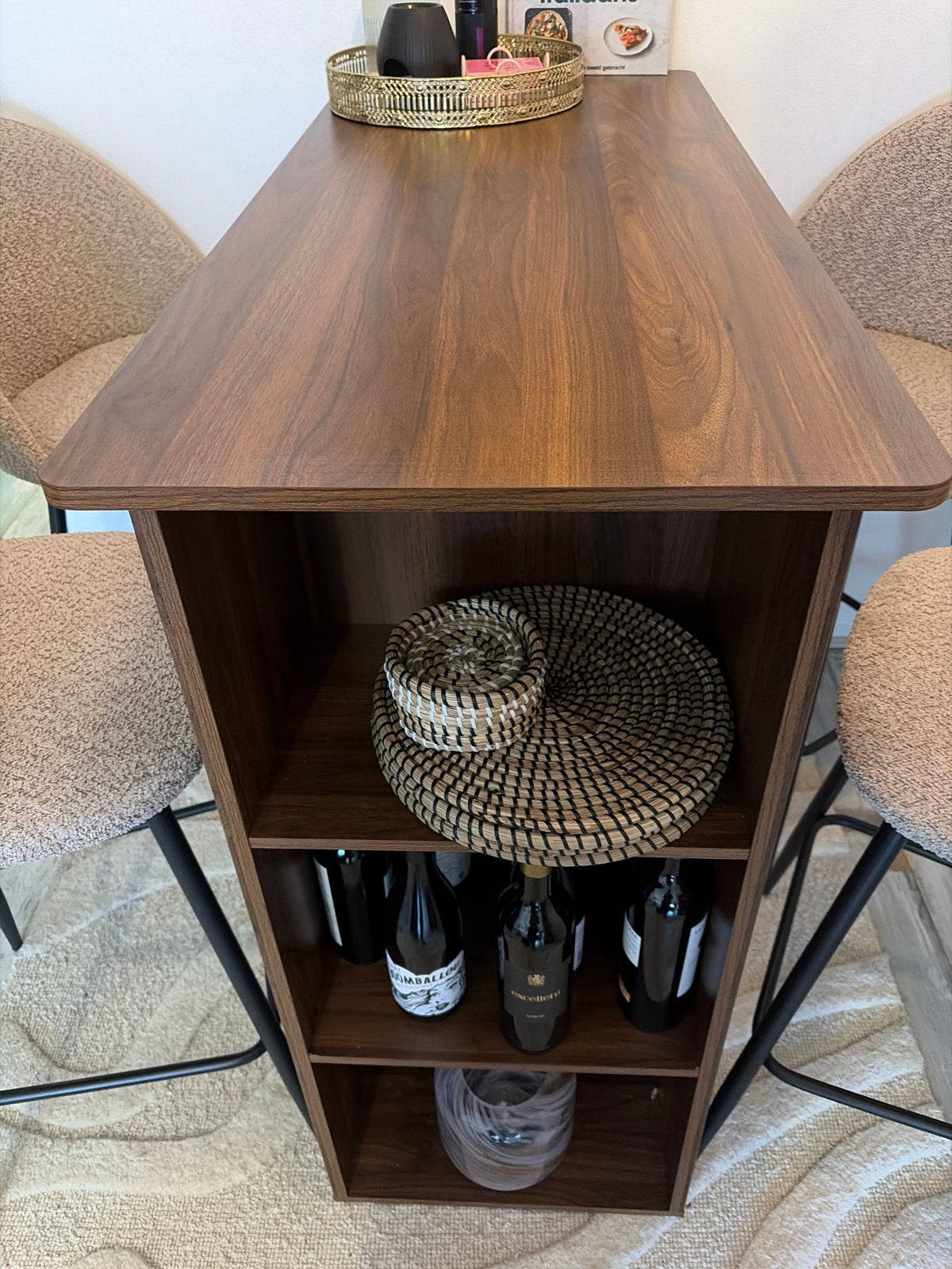 Hoge bartafel met opbergruimte - Donker hout, Huis en Inrichting, Ophalen of Verzenden, Zo goed als nieuw