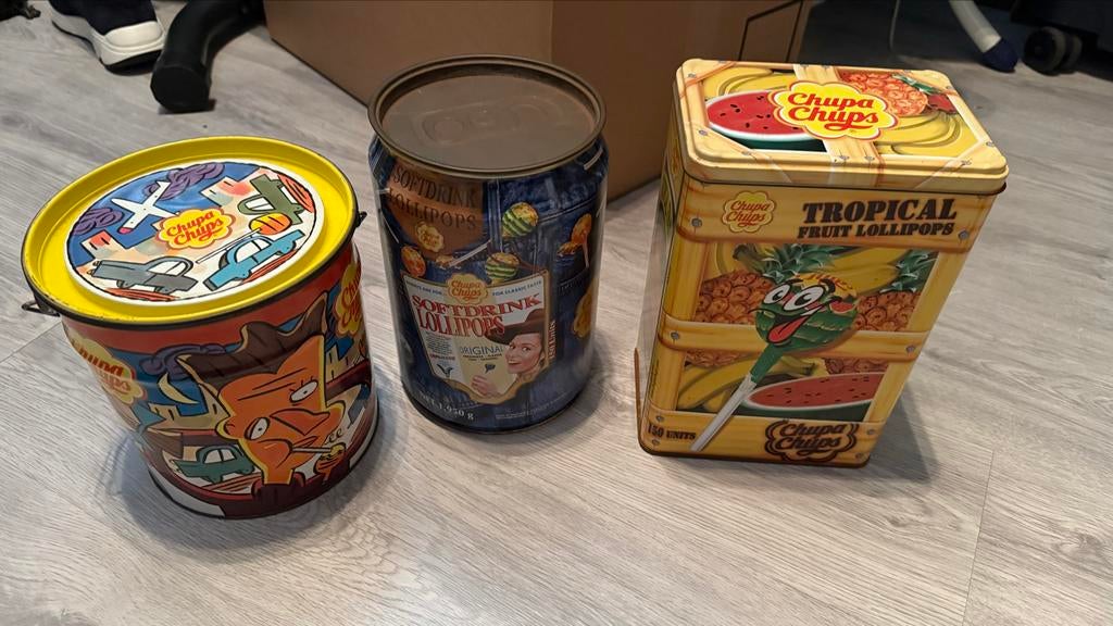 Drie vintage Chupa Chups blikken - decoratief en uniek, Verzamelen, Blikken, Ophalen of Verzenden, Gebruikt, Overige, Overige merken