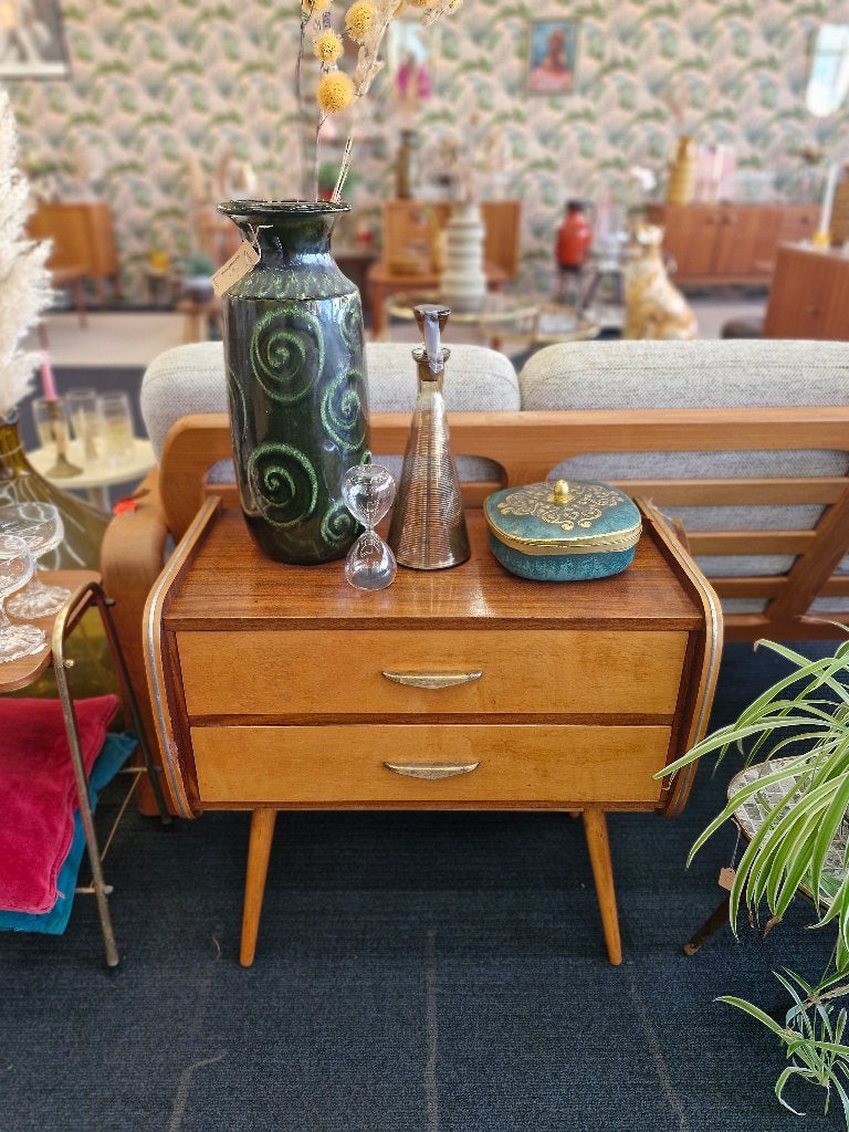 Vintage ladekastje rond poot 70s, Ophalen, Minder dan 50 cm, Gebruikt, 1 of 2 laden