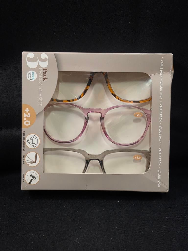 3x Leesbril +2.0 Unisex Set – Reading Glasses Pack, Overige merken, Overige kleuren, ., Nieuw
