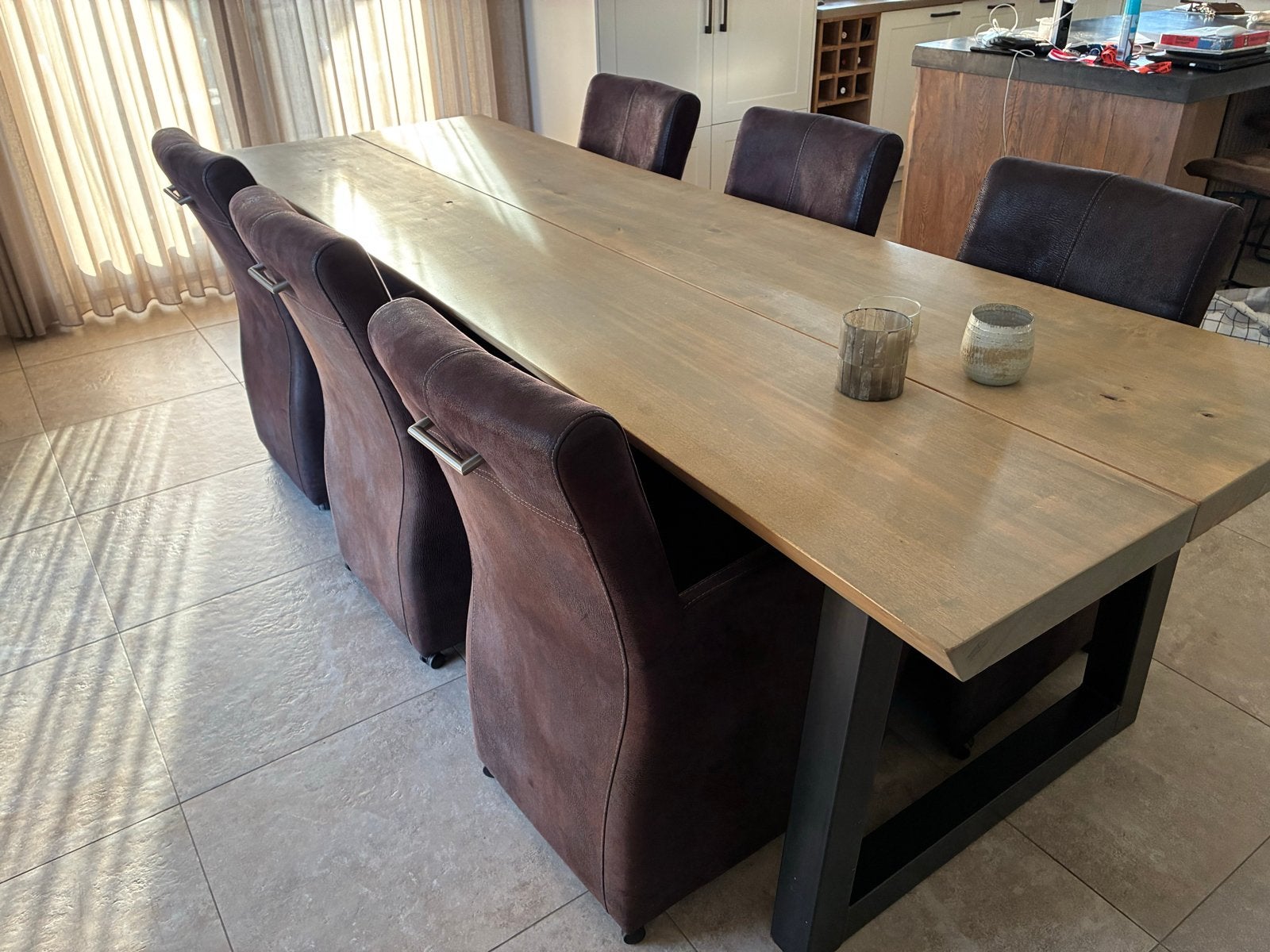 Eettafel met 6 stoelen - Populieren Boomstamblad, Huis en Inrichting, Tafels | Eettafels, Ophalen, Gebruikt, 200 cm of meer, Vijf personen of meer