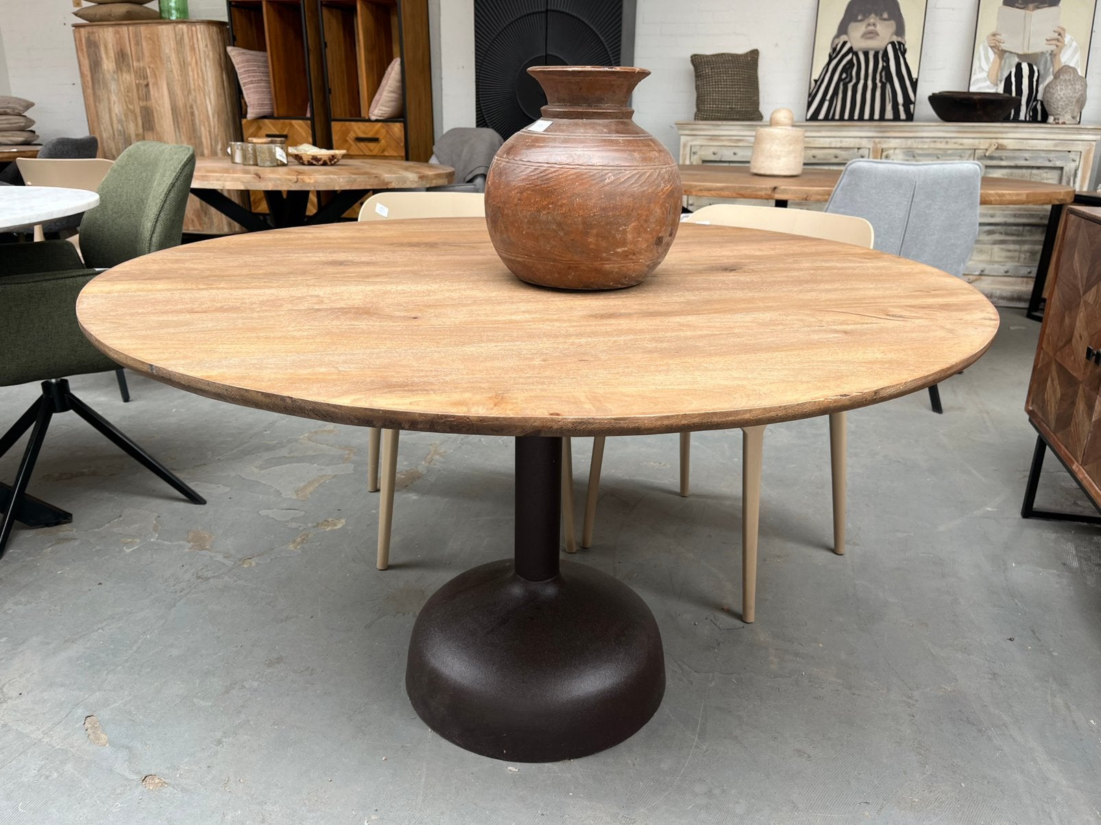 Magazijn leegverkoop ronde eettafel mangohout metaal walnoot, Hout, Nieuw, Ophalen of Verzenden, Info@wkhome.nl