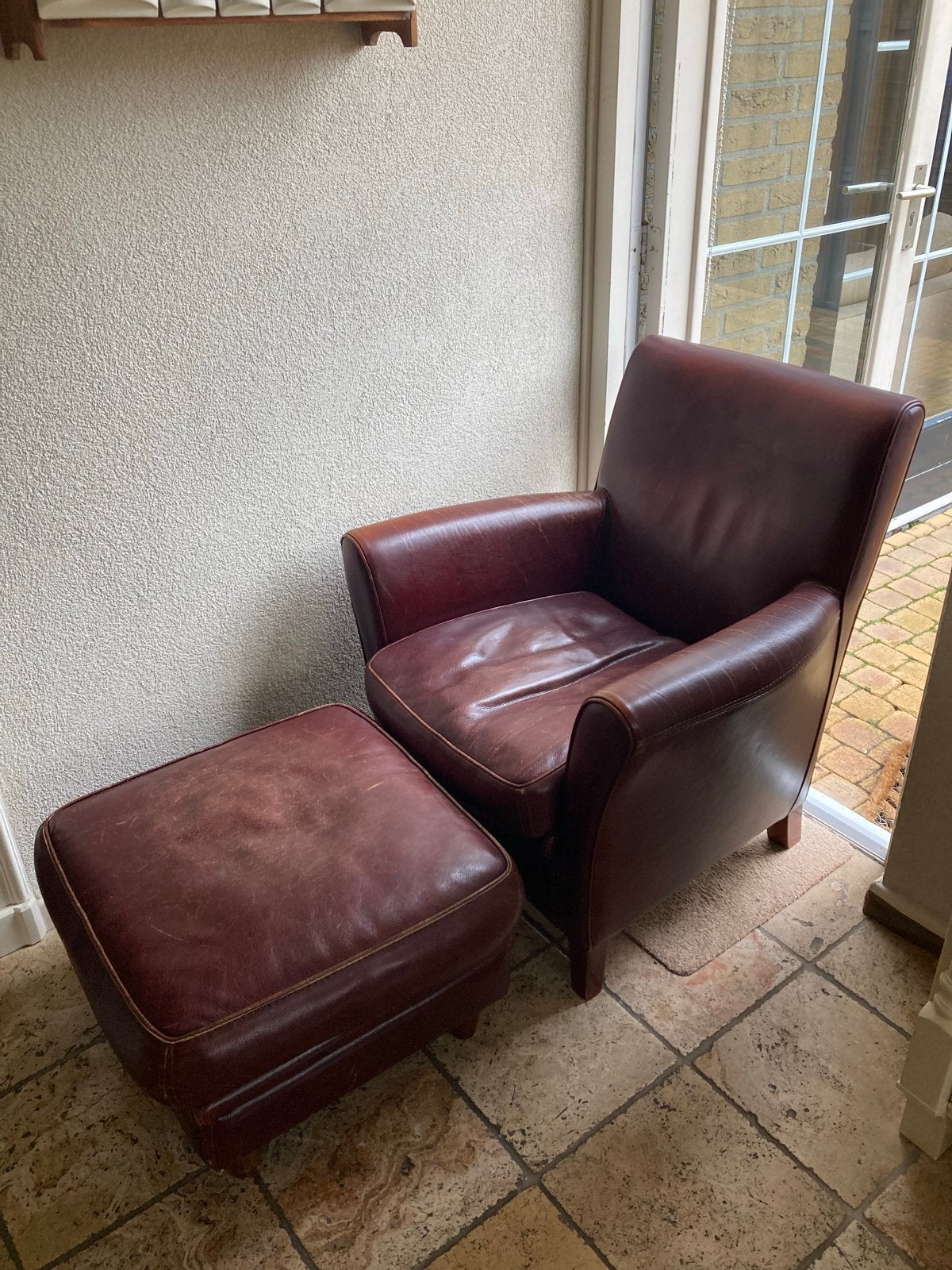 Leren fauteuil met poef van Baxter, Ophalen, Gebruikt, Leer, 75 tot 100 cm