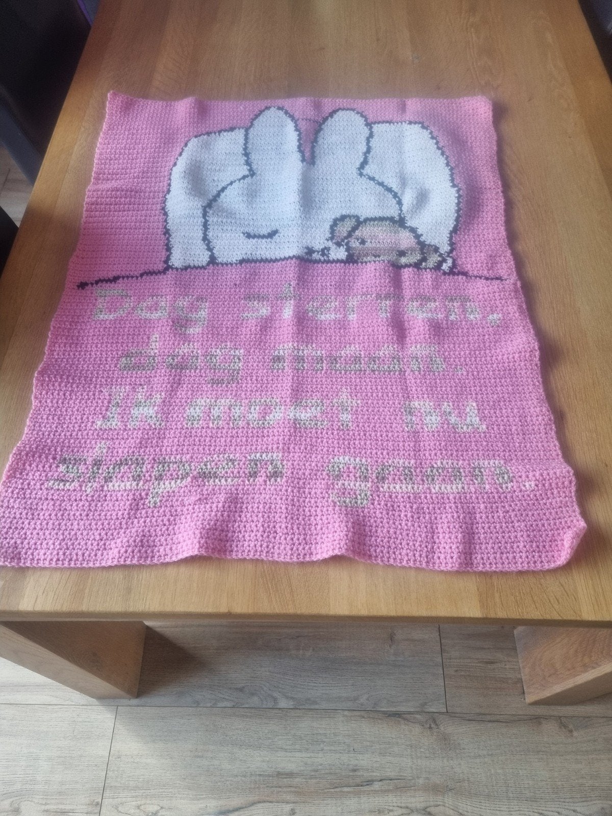 Roze gehaakte deken met Nijntje en tekst, Hobby en Vrije tijd, Ophalen of Verzenden