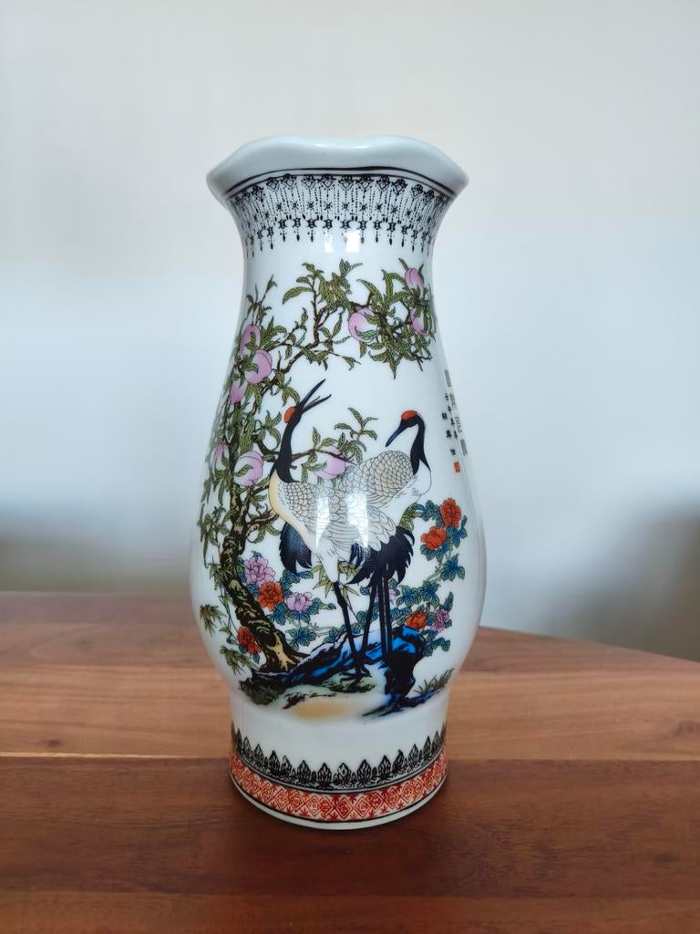 Prachtige Chinese Famille Rose Vaas - Kraanvogels & Perziken, Antiek en Kunst, Antiek | Vazen, Ophalen of Verzenden