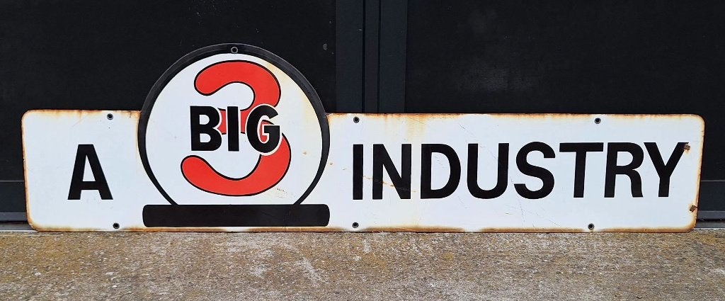 Uniek & antiek emaille bord Big 3 Industry uit Texas Amerika, Ophalen, Reclamebord, Gebruikt, .