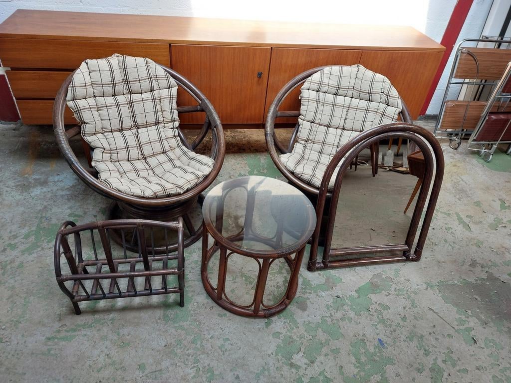 Vintage rotan manou loungeset, Gebruikt, Bijzettafel, Rotan, Onbekend