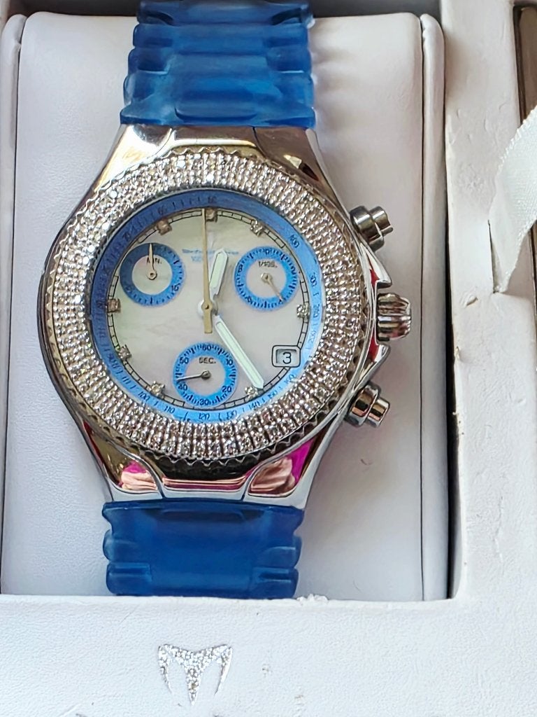Technomarine Chronograaf horloge met parelmoer en diamanten, Ophalen of Verzenden, Zo goed als nieuw, Staal, Met edelsteen