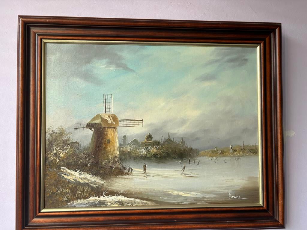 Schilderij Hollands Winterlandschap met Schaatsers en Molen, Ophalen of Verzenden