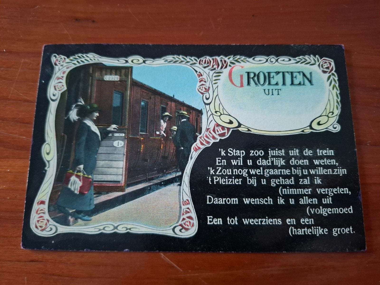 Groeten uit - Vrouw stapt uit trein rijm gedicht, Ophalen of Verzenden, Voor 1920, Gelopen, Overige thema's