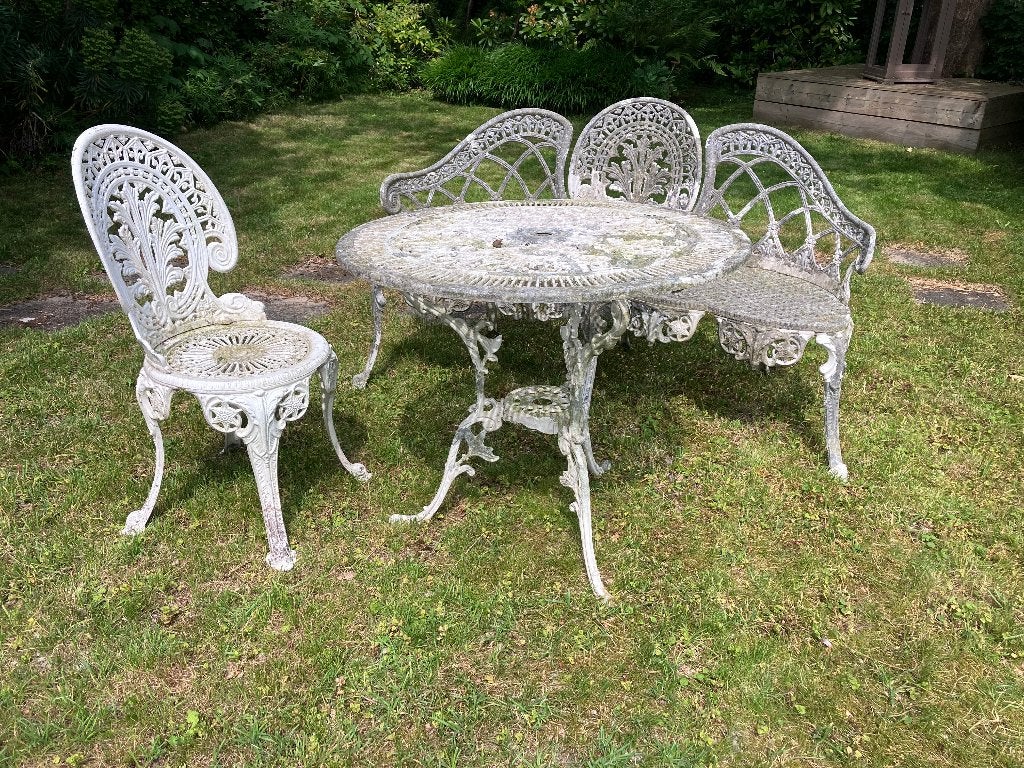 Prachtige brocante tuinset Tafel, stoel & 3-zits bank, Ophalen, 4 zitplaatsen, Gebruikt, Bank