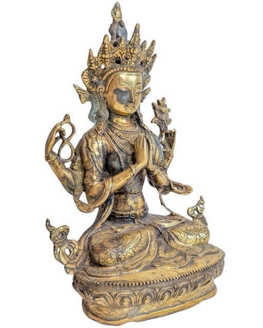Vierarmige Avalokiteshvara – verguld brons – Himalaya - 070, Gebruikt, 32 cm, Ophalen of Verzenden, Goud