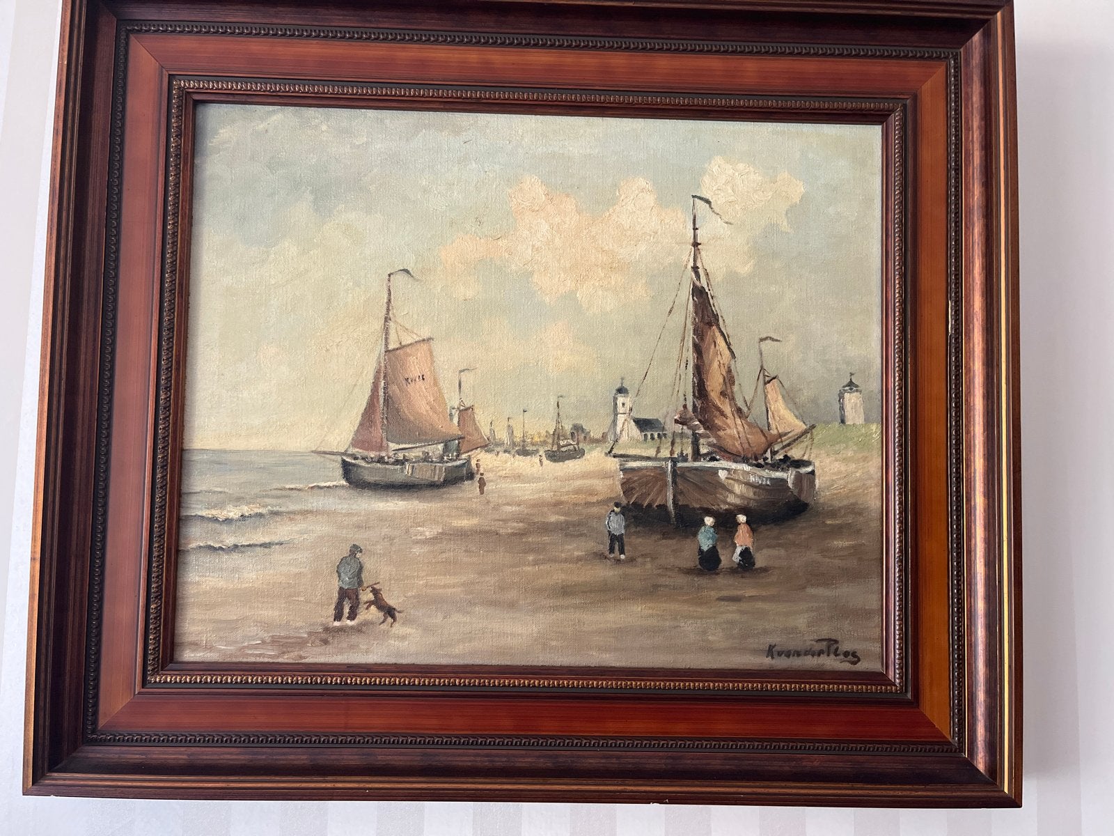 Schilderij: Maritiem tafereel met boten op het strand, Antiek en Kunst, Kunst | Schilderijen | Klassiek, Ophalen, Maritiem / water