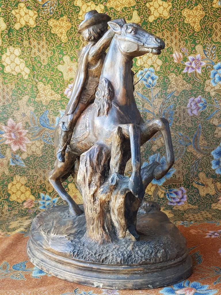 Edelman op paard mooi antiek beeld uit Frankrijk 41 cm. 1900, Ophalen of Verzenden