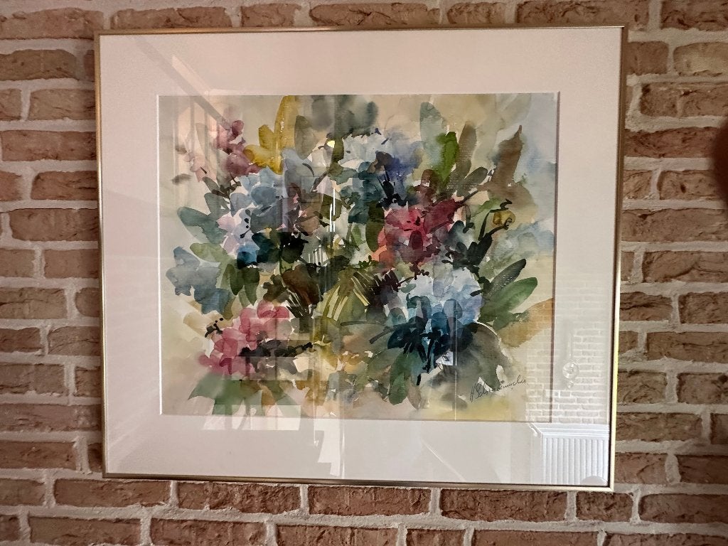 Prachtig aquarel schilderij van bloemen in lijst, Ophalen of Verzenden