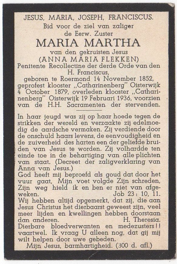 zr. Anna Maria Flekken 1852 Roermond + 1936 Oisterwijk, 83 j, Verzamelen, Bidprentjes en Rouwkaarten, Verzenden