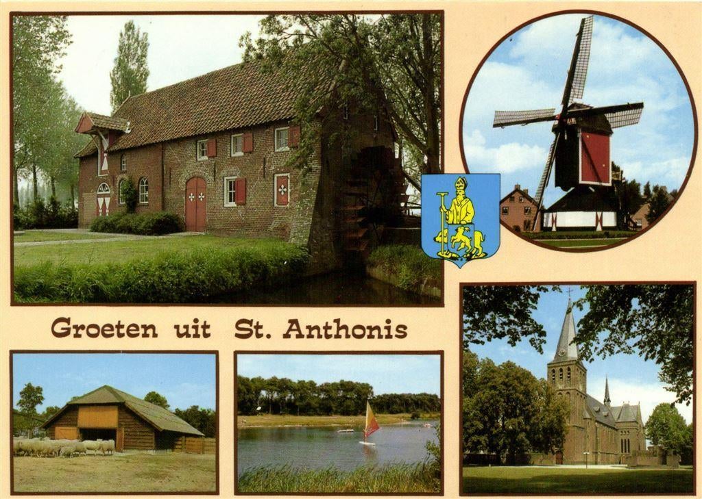 Groeten uit St. Anthonis - 5 afb + wapen o.a. molen - 1986 g, Verzamelen, Ansichtkaarten | Nederland, Gelopen, Noord-Brabant, Voor 1920