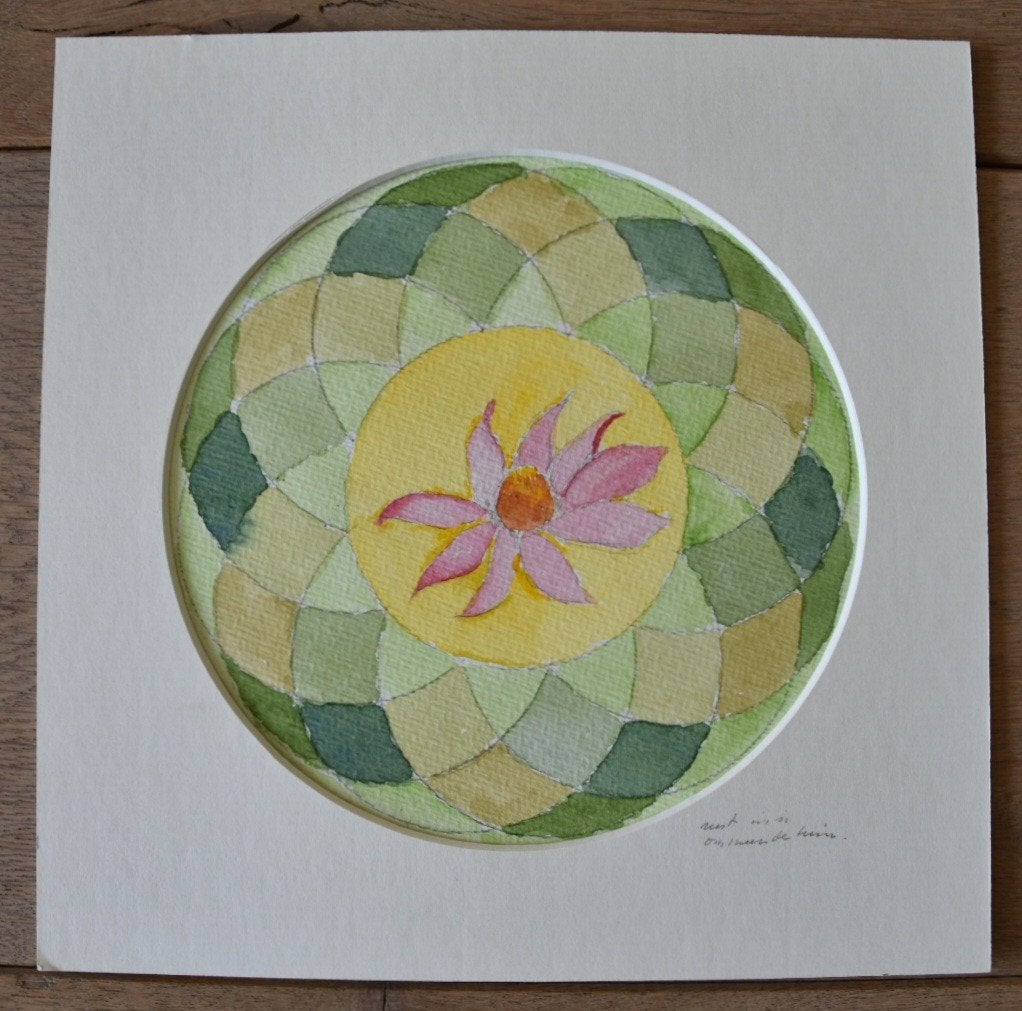 Handgemaakt aquarel: Bloemenmandala op papier (25x25cm), Overige stijlen, Origineel werk, Aquarel, Papier