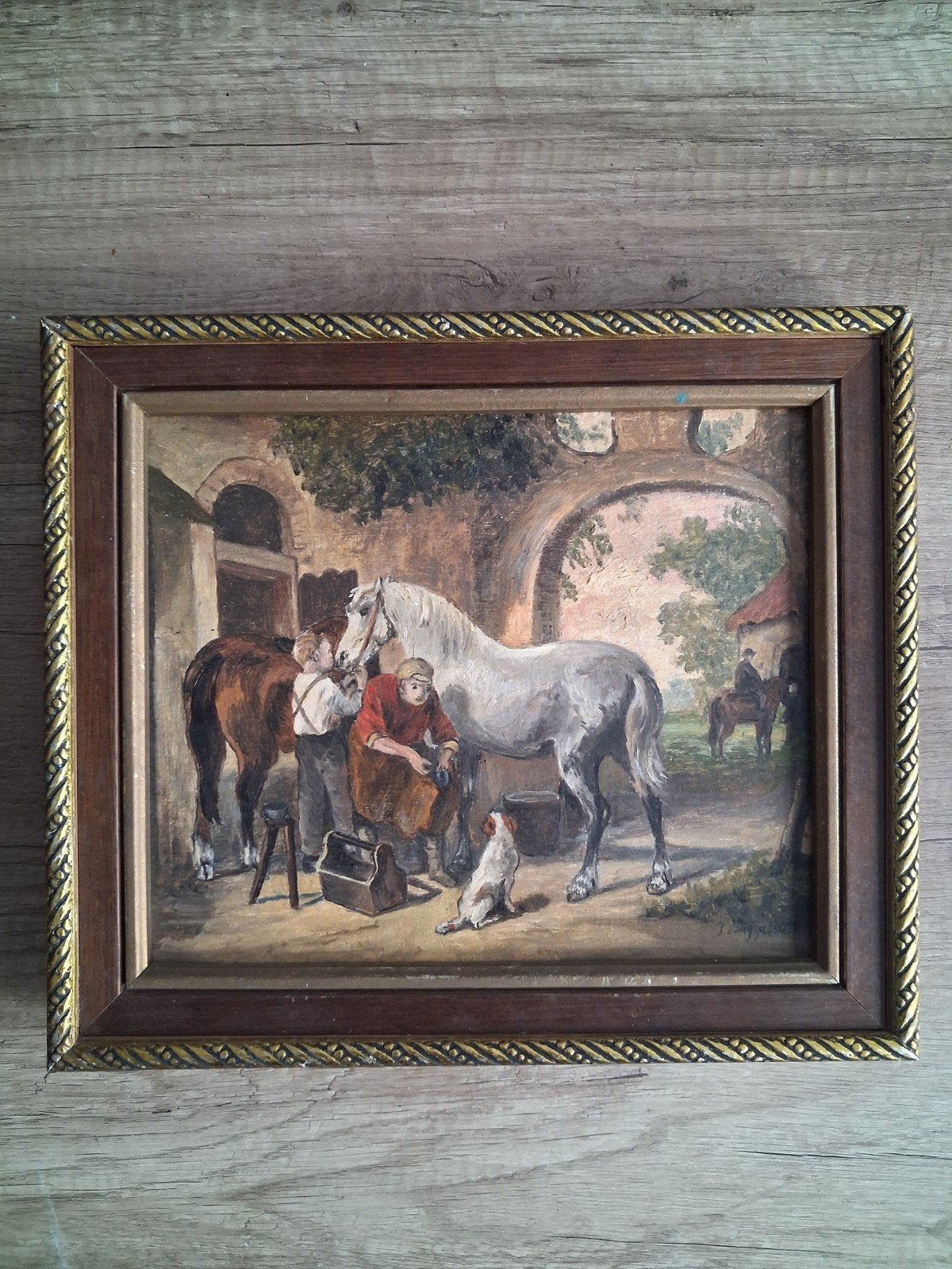 Oud schilderij: Hoefsmid met paarden, gesigneerd, Antiek en Kunst, Kunst | Schilderijen | Klassiek, Ophalen of Verzenden