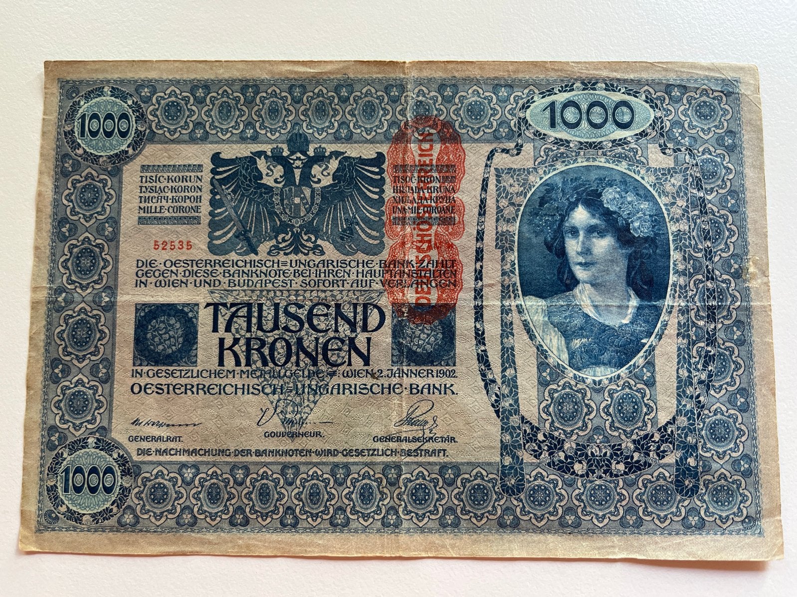 Oostenrijk-Hongarije 1000 Kronen bankbiljet 1902, Postzegels en Munten, Ophalen of Verzenden, Oostenrijk, 100 euro, Los biljet