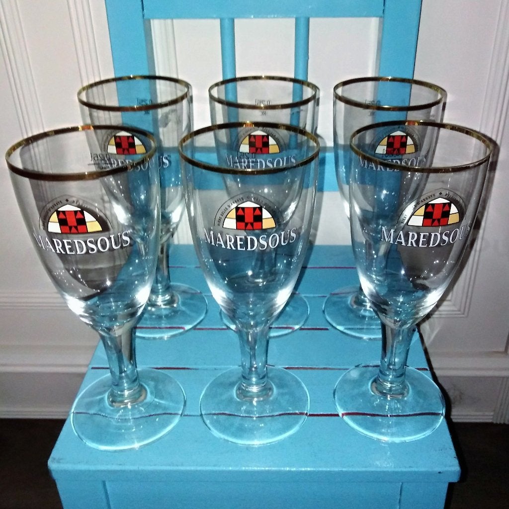 Maredsous bierglazen met goudkleurig randje 6 stuks, Ophalen, Zo goed als nieuw, Glas of Glazen, Overige merken
