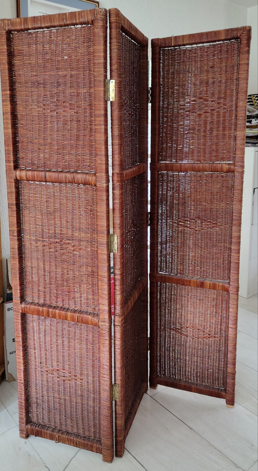 Vintage rotan kamerscherm - 3 panelen, Ophalen, Gebruikt