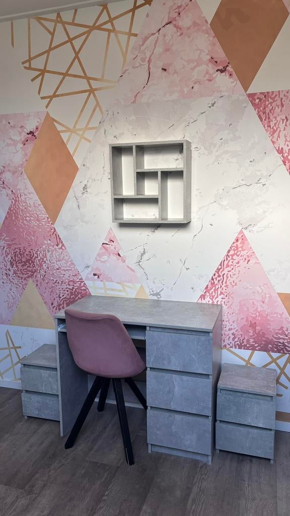 Bureau betongrijs met bijpassende wandkast, Ophalen, Met lades, Gebruikt, 90 cm