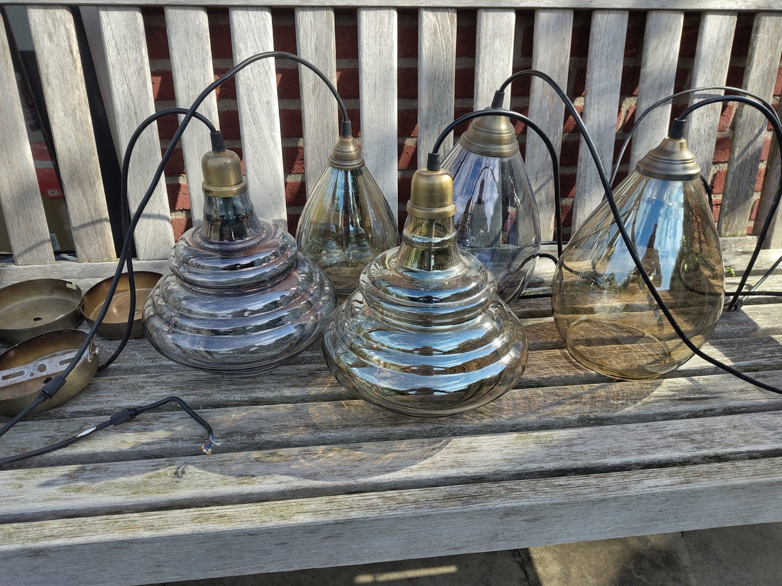 Set van 5 glazen hanglampen, Ophalen, Gebruikt, Vintage, Industrieel, E27 (groot)