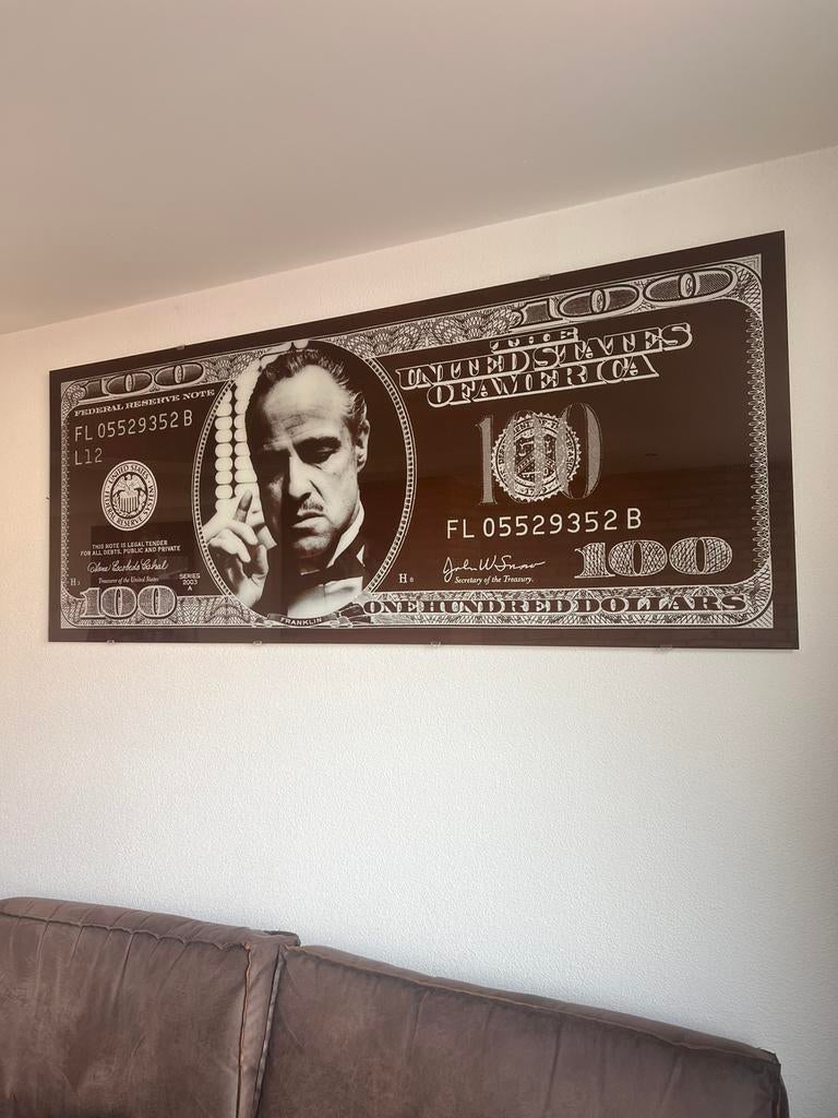 Glasplaat Godfather dollar, Huis en Inrichting, Woonaccessoires | Schilderijen, Tekeningen en Foto's, Ophalen, Overige typen, 125 cm of meer