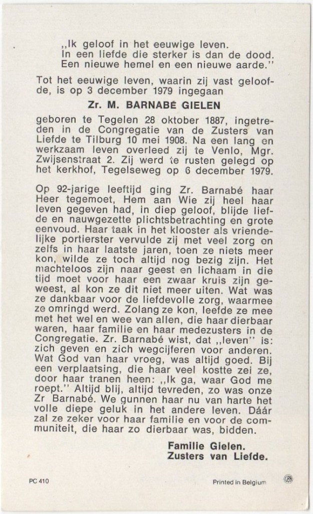 zr. Barnabé Gielen 1887 Tegelen + 1979 Venlo, 92 jaar oud, Verzenden