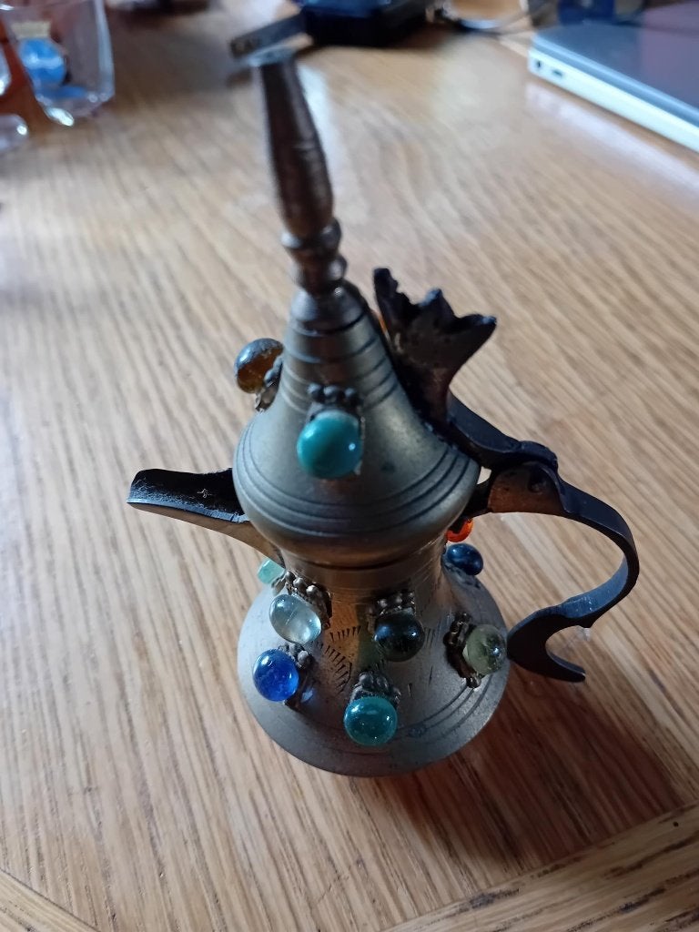 Koperen schenkkan 11cm-miniatuur dallah India met steentjes, Ophalen of Verzenden, Koper