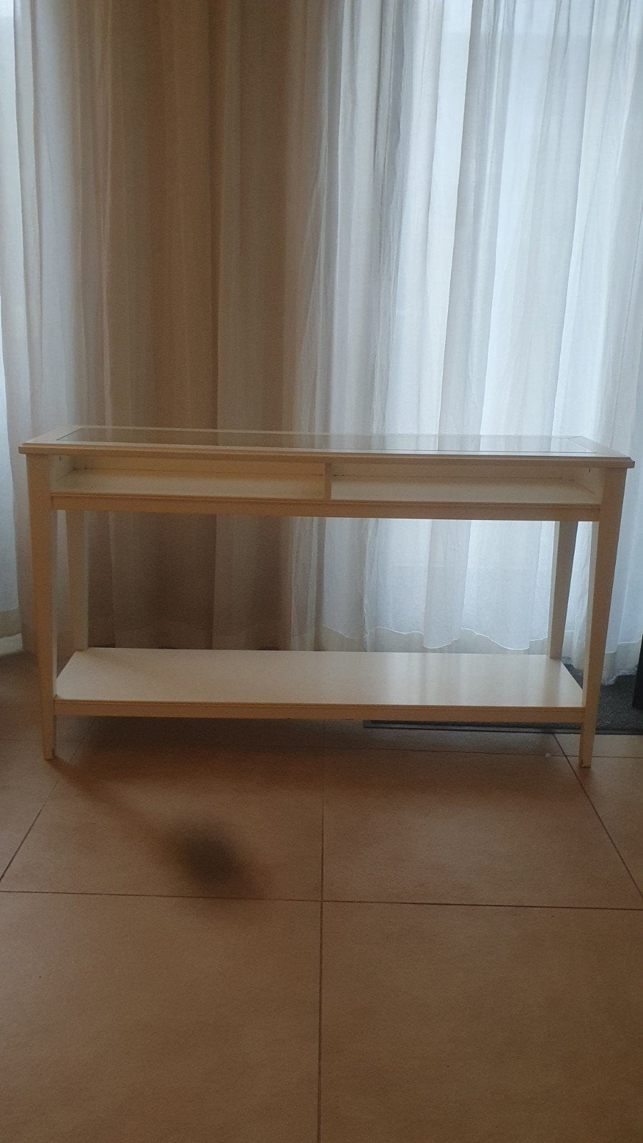 Witte console tafel met glazen blad, Ophalen, Gebruikt, 100 tot 150 cm, Modern, Scandinavisch