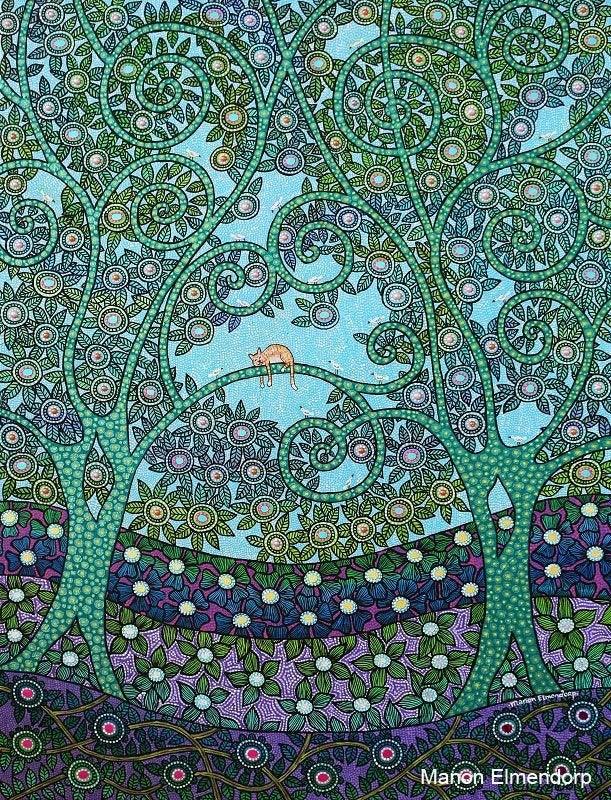 Handgeschilderd Uniek Schilderij Slapende Kat in Boom Nieuw, Antiek en Kunst, Ophalen of Verzenden, Gesigneerd, Acrylverf, Dieren