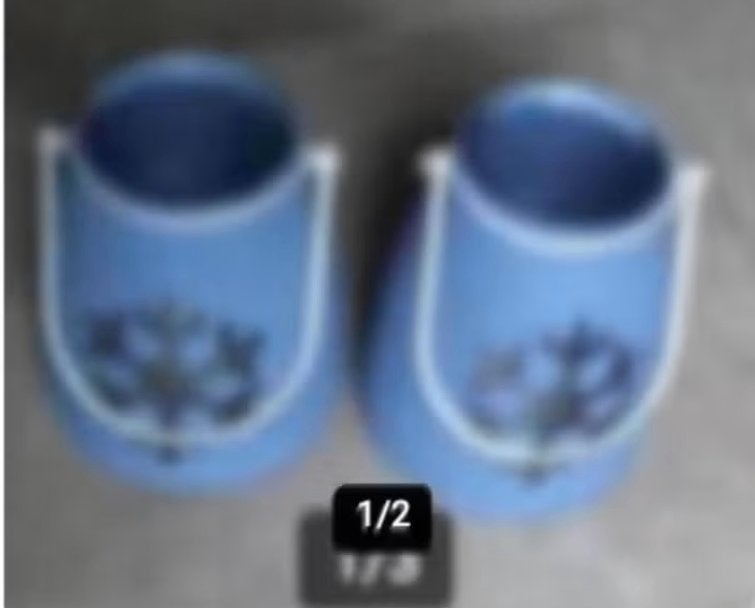 2 glazen windlichten blauw H 15 cm Br 15cm, Overige materialen, Blauw, Ophalen of Verzenden, Zo goed als nieuw
