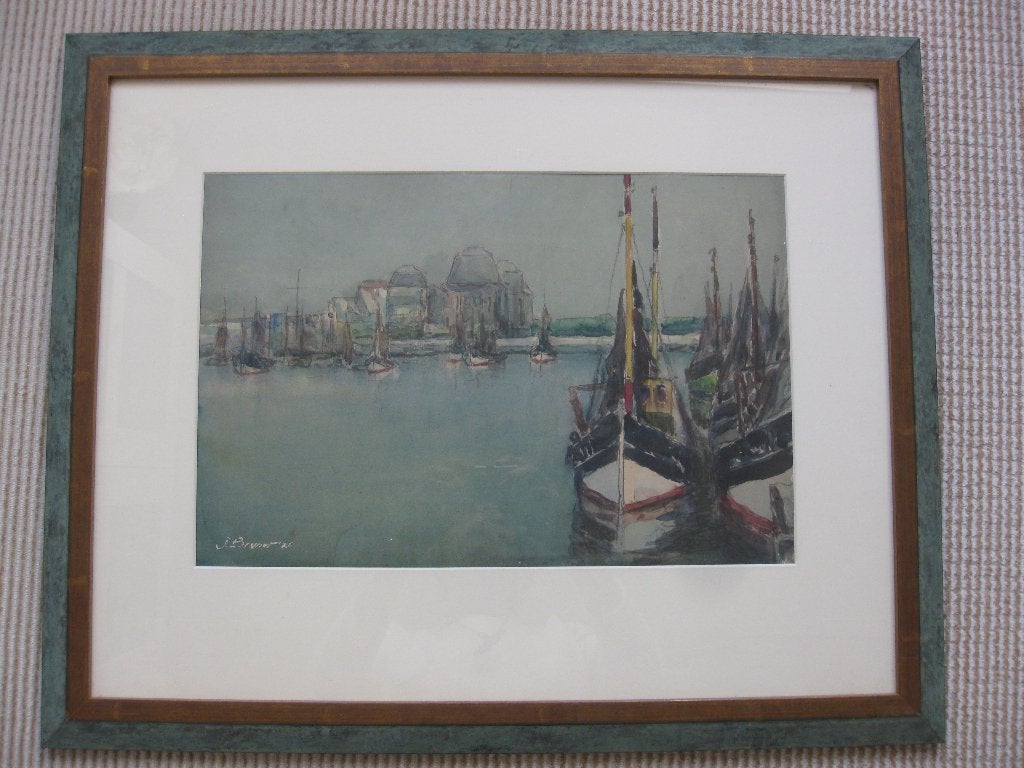 Jean Brunet, "Havengezicht te St. Malo". Mooie aquarel., Ophalen of Verzenden, Aquarel