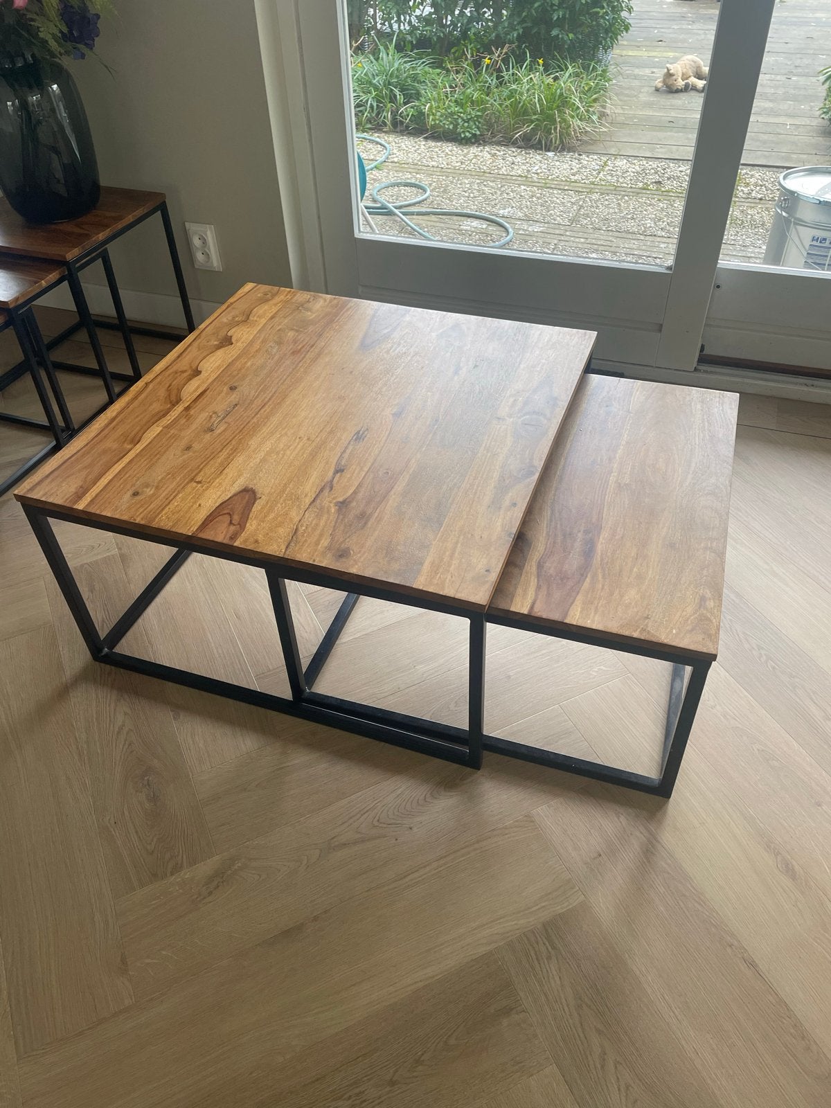 Houten tafelset met metalen frame (3stuks), Ophalen, 50 – 75, Gebruikt, 50 tot 100 cm