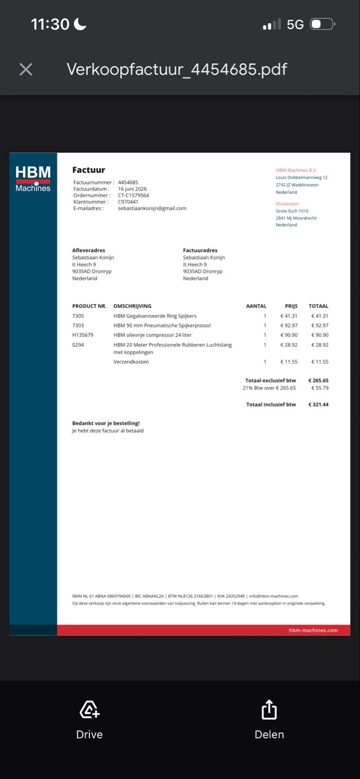 HBM Olievrije Compressor 24 liter met tacker en luchtslang, Ophalen, Zo goed als nieuw, Tacker/nietmachine, Overige merken