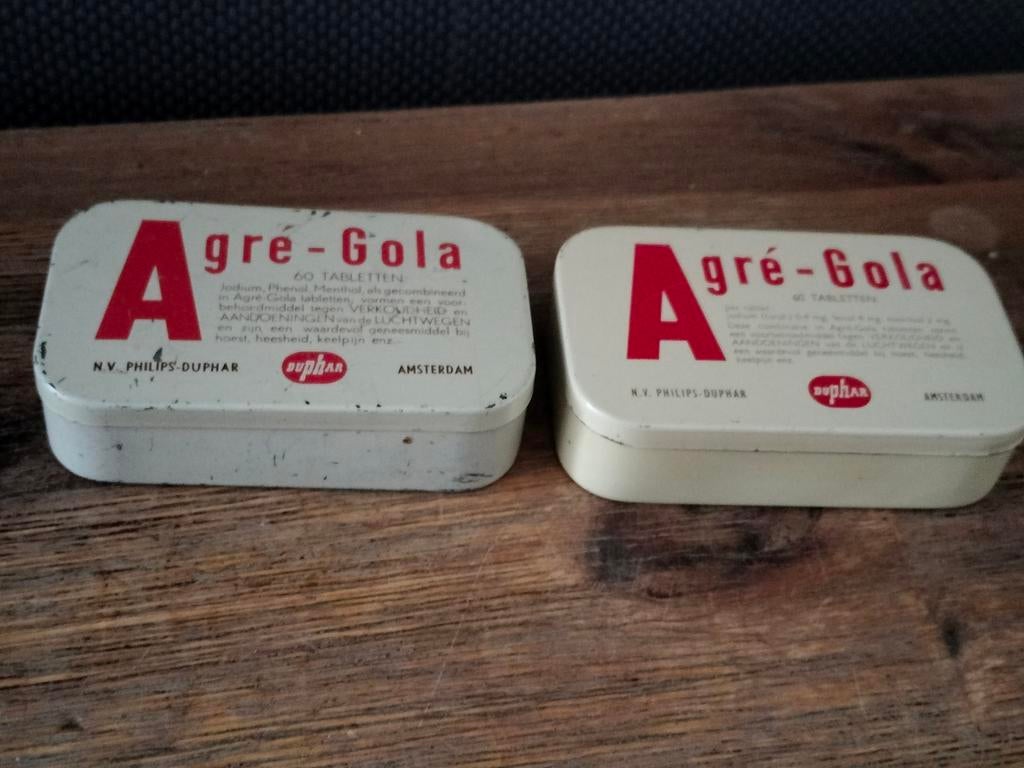 Vintage Agr
é-Gola blikjes (2 stuks) - Philips-Duphar, Verzamelen, Blikken, Ophalen of Verzenden, Gebruikt, Overige, Overige merken