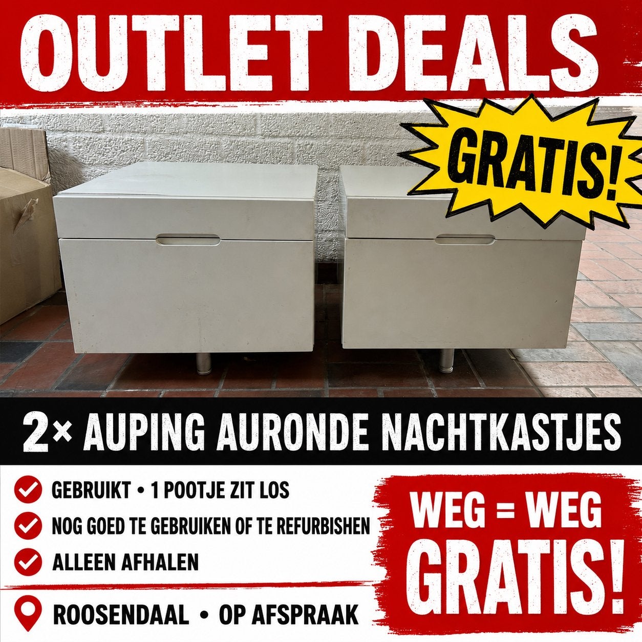 GRATIS | 2 Auping Auronde nachtkastjes | Wit, Huis en Inrichting, Slaapkamer | Nachtkastjes, Ophalen, Gebruikt, 45 tot 65 cm, Minder dan 55 cm