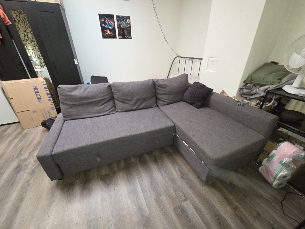 IKEA FRIHETEN hoekslaapbank donkergrijs, Ophalen, Gebruikt, 125 tot 150 cm, Hoekbank