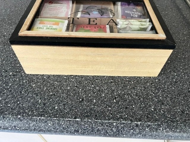 Mooie houten theedoos met 6 vakken, Ophalen of Verzenden, Zo goed als nieuw, Bruin, Hout